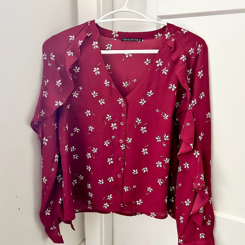 Pretty Red Blouse with White Flowers and Frills along Sleeves